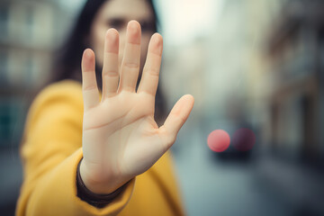 Raised hand of a woman showing stop sign. Woman being harassed in the street.