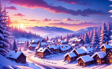 Fototapeta na wymiar Fantastic winter landscape with a wooden house. AI