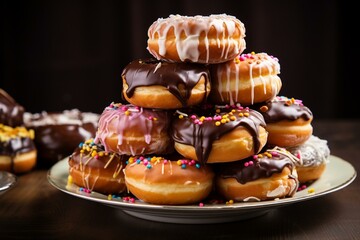 a pile of doughnuts on a dish. Generative AI