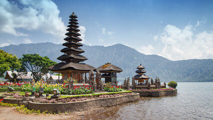 Pura Ulun Danu Bratan. Hindu temple on Bratan lake landscape. Bali - Indonesia