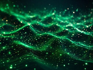 Futuristic digital green flowing particles wave and sparkling light abstract background. A Generative AI Digital Illustration.