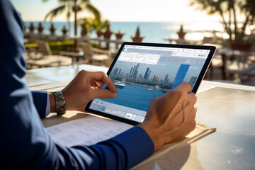 A traveler using a tablet to manage their entire trip, from booking accommodations to accessing electronic tickets, highlighting the convenience of digital travel planning.