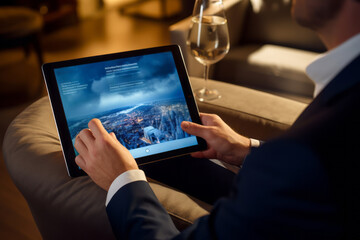A traveler using a tablet to manage their entire trip, from booking accommodations to accessing electronic tickets, highlighting the convenience of digital travel planning. - obrazy, fototapety, plakaty
