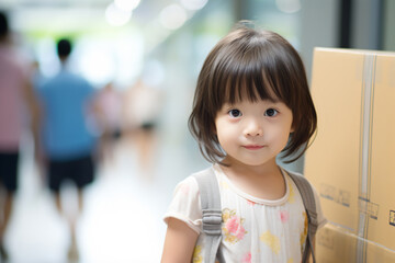 a little girl standing next to a box