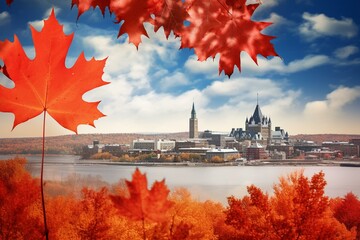 The Canadian city Shannon in Quebec province in front of a photo with the Canadian maple leaf. Generative AI