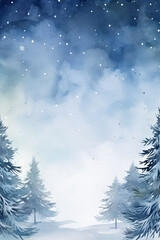 Abstract watercolor style drawing with trees in winter landscape and copy space in middle