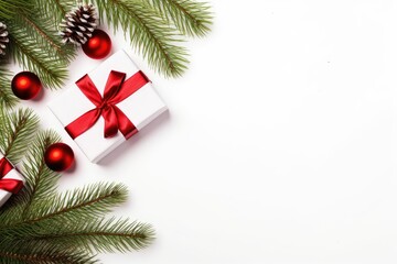 Fototapeta na wymiar christmas flatlay with gift box, fir tree, balls and cones on white background. Generative AI