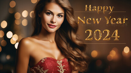 young sexy blonde woman posing looking at camera in red dress and red lips on bokeh background with greeting golden inscription Merry Christmas and Happy New Year 2024 and copy space