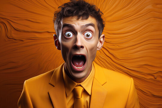 surprised happy funny man freak in a suit with an open mouth on an orange background with a space copy