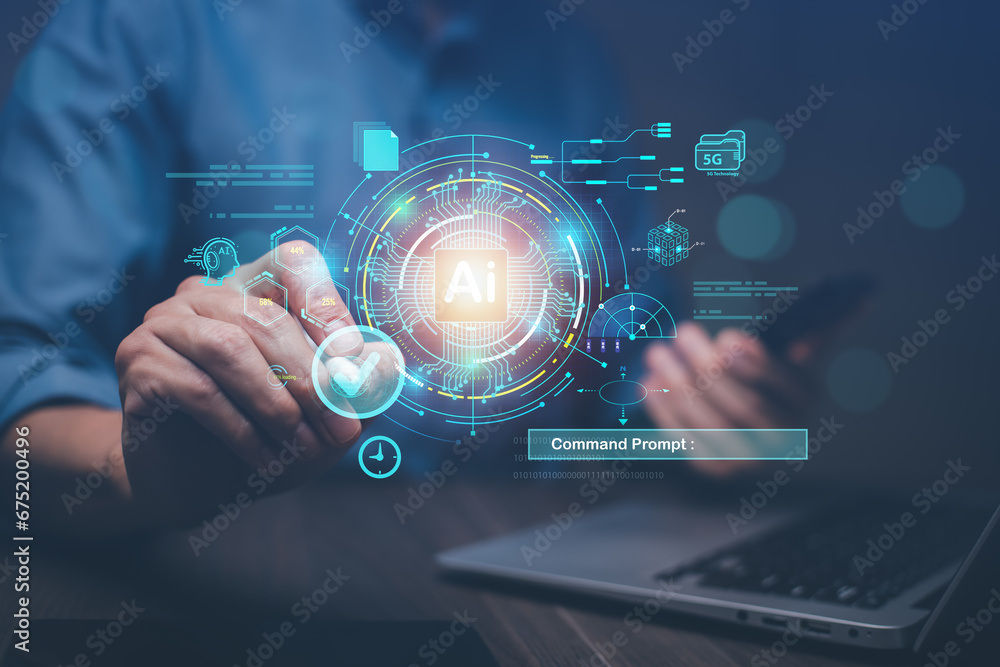 Poster ai tech, business person chatting with a smart ai using an artificial intelligence chatbot developed