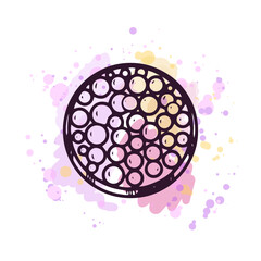 Hand-drawn blush in balls, beauty cosmetic element, self care. Illustration on a watercolor pastel background with splashes of paint. Useful for beauty salon, cosmetic store, makeup. Doodle sketch.