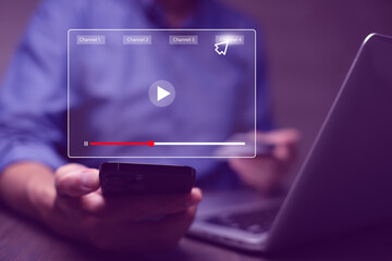 streaming online and video on Internet live concerts, webinars online, business people hands using...