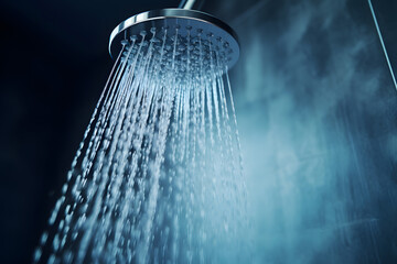 Close up of shower head with running water - obrazy, fototapety, plakaty