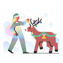 Obraz na płótnie Canvas Elf dresses up the Сhristmas deer