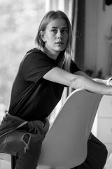 Casual Black and White Portrait of a Blonde Girl