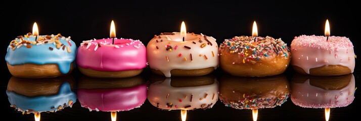Artificial food decor, unusual donut candles, bright and unusual. Pink and blue colors. - obrazy, fototapety, plakaty