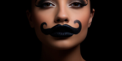 a woman made a fake mustache out of paint on her lips, in the style of graflex speed graphic, masculine, solid color background. movember concept