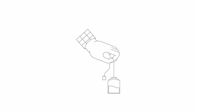 Steeping teabag bw outline 2D character hand animation. Holding tea bag monochrome linear cartoon 4K video. Putting teabag in. Dunking tea bag animated person body part isolated on white background