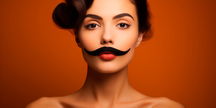 a woman made a fake mustache out of paint on her lips, in the style of graflex speed graphic, masculine, solid color background. movember concept