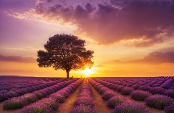 Beautiful image of lavender field summer sunset landscape with single tree on horizon with sunburst. Generative Ai.