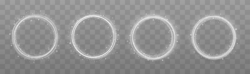 White circles frames with glitter light effect. A silver flash flies in a circles in a luminous ring.