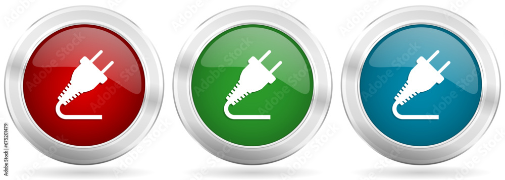 Aufkleber plug vector icon set. red, blue and green silver metallic web buttons with chrome border