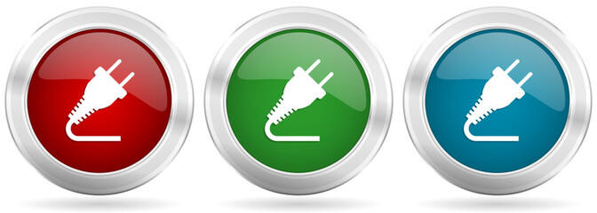 Plug vector icon set. Red, blue and green silver metallic web buttons with chrome border