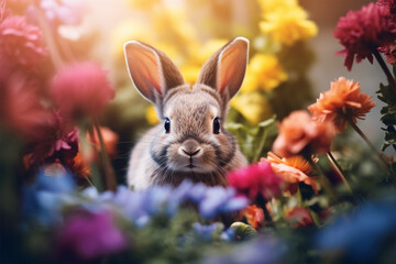 view of a rabbit among colorful flowers