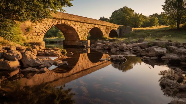 AI generated illustration of a scenic view of a bridge spanning across a stunning body of water
