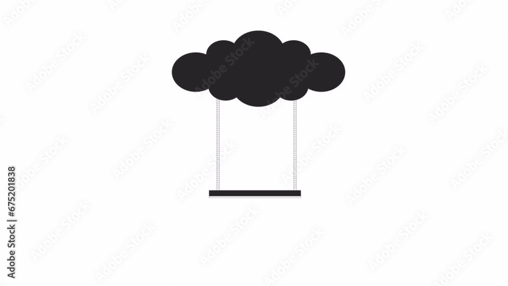 Poster swing hanging from cloud bw outline 2d object animation. surreal recreation playground monochrome li