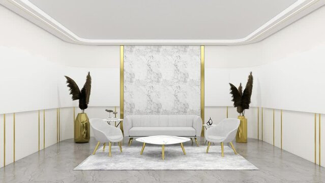 Time-lapse animation Office waiting room with blank drop for branding mockups. 3D illustration rendering