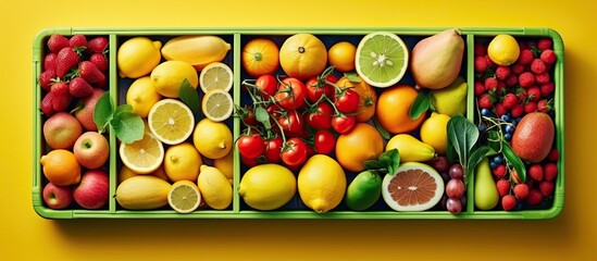 In a top view background a colorful concept of nature and healthy food is displayed showcasing vibrant fruits like lemon The supermarket offers a wide range of fresh produce promoting healt