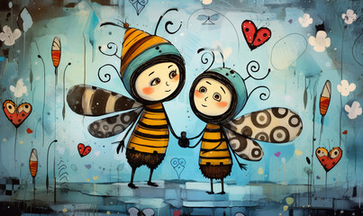 a cartoon of cute couples bee in love - obrazy, fototapety, plakaty