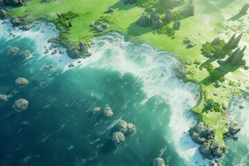 Aerial view of verdant isle in rippling ocean with foamy waves on sunny day. Generative AI