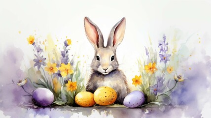 Watercolor image of Easter bunny, Easter eggs, pastel colors	