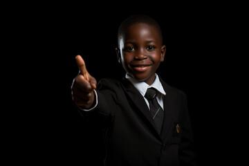 a young boy in a suit and tie is making a peace sign