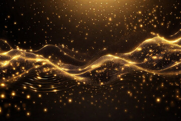 Fototapeta na wymiar Digital gold particles wave and light abstract background with shining dots stars.