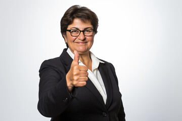 a woman in a suit giving a thumbs up