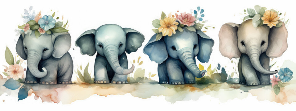 Set of elephants with watercolor style , Animal , Cute elephants with flower