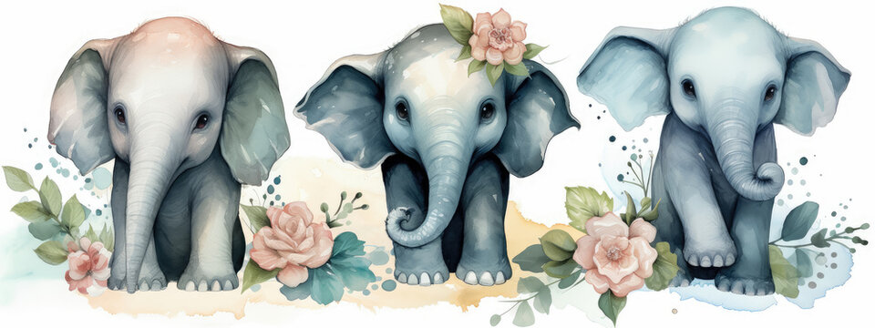 Set of elephants with watercolor style , Animal , Cute elephants with flower