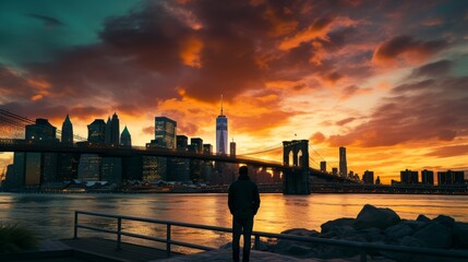 Obraz premium rearview of traveller male standing look at river with backgroundof downtow city urban modern building city with river sunset moment travel concept background