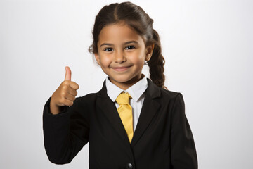 a little girl in a suit giving a thumbs up