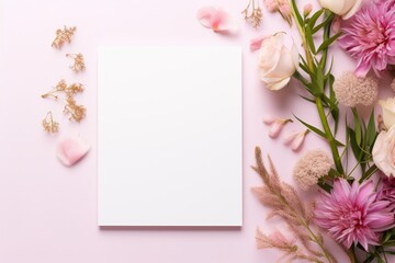 Minimal empty paper card mock up with pink flowers.