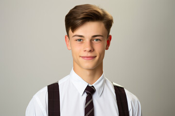 a young man wearing a tie and suspenders