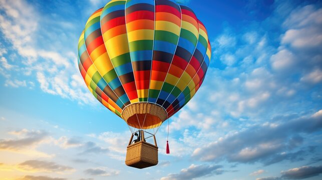 A vibrant, hyper-realistic stock image of a hot air balloon floating in a blue sky, surrounded by fluffy white clouds. The intricate patterns of the fabric envelope and wicker basket stand out