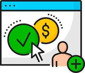 Pay per click SEM, search engine marketing thin line icon of vector PPC advertising. Outline website page, online money golden coin with dollar symbol and arrow cursor, digital marketing, ecommerce