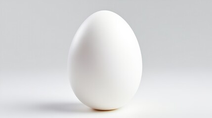 A hyper-realistic, glossy white egg on a clean background. The oval-shaped egg stands out with its pristine purity and smoothness. The minimalistic composition and monochromatic style