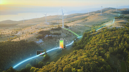 Wind turbines powering a electric car on a road highland road - 3d graphic - obrazy, fototapety, plakaty