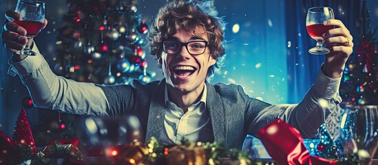 During the Christmas celebration a funny young adult man with a jolly disposition and a stress free attitude sat at the table his hand energetically clinking drinks with others creating a ch - obrazy, fototapety, plakaty