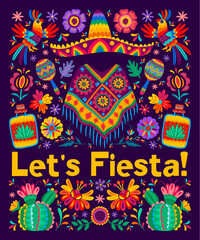 Mexican let us fiesta festival flyer. Latin America holiday, Cinco de Mayo carnival, fiesta party vector poster with ornamental birds and flowers, cactus, maracas, tequila and poncho, sombrero hat